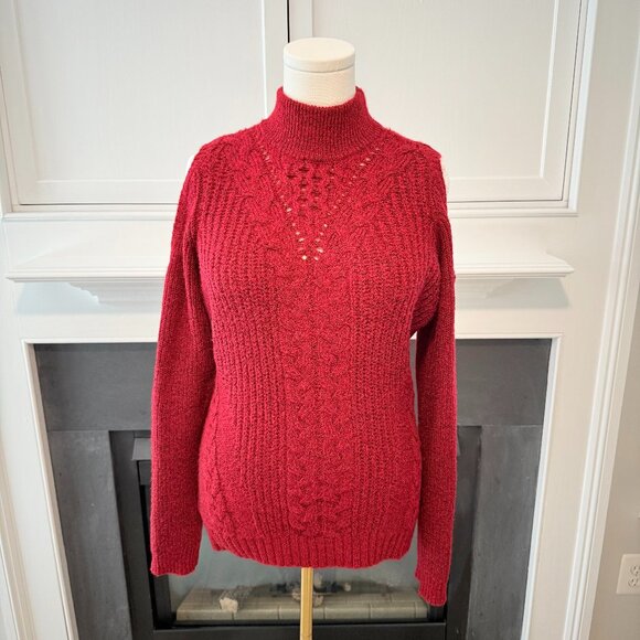 ❤️ Lety & Me Red Cable Knit Cold Shoulder Sweater | Size Medium - Picture 1 of 14